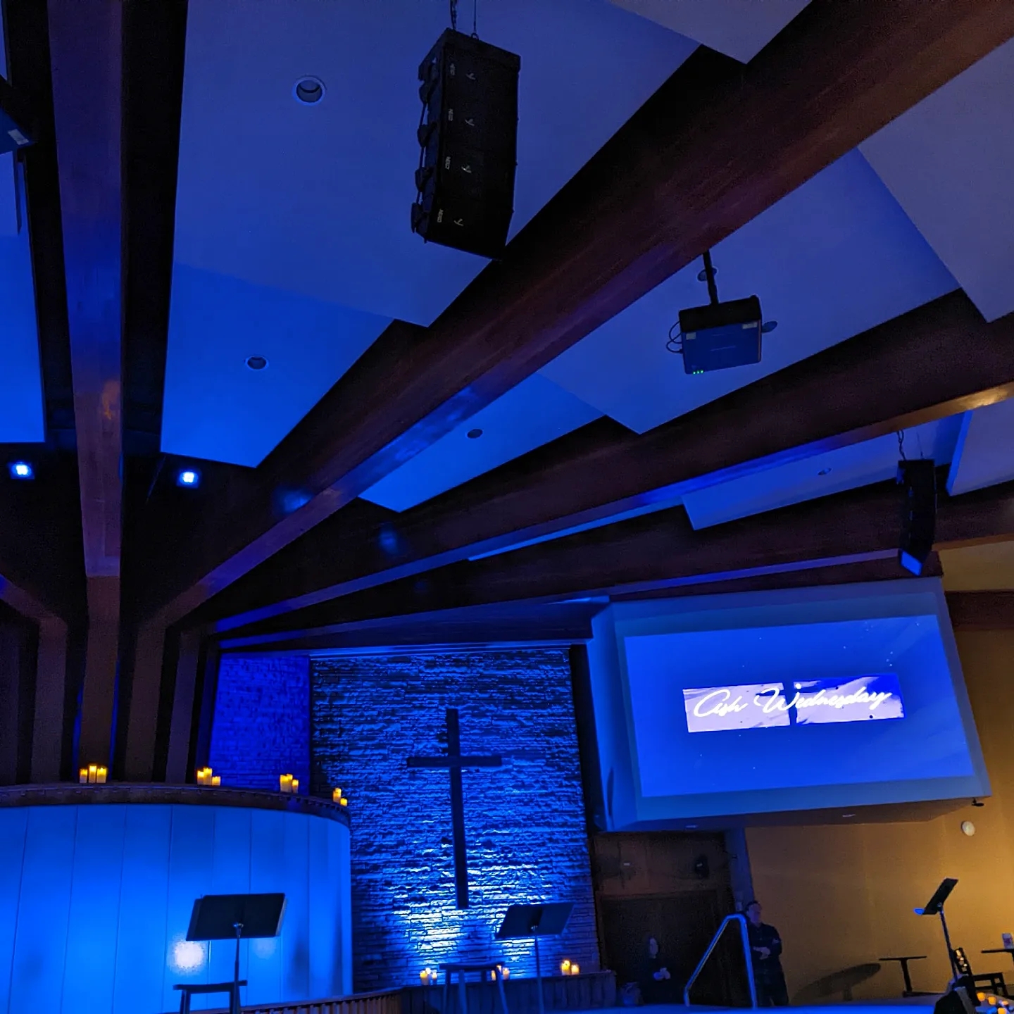 Church auditorium with words "Ash Wednesday" on screen
