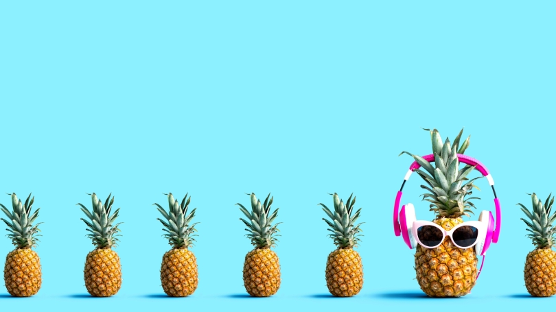 pineapples, one with sunglasses